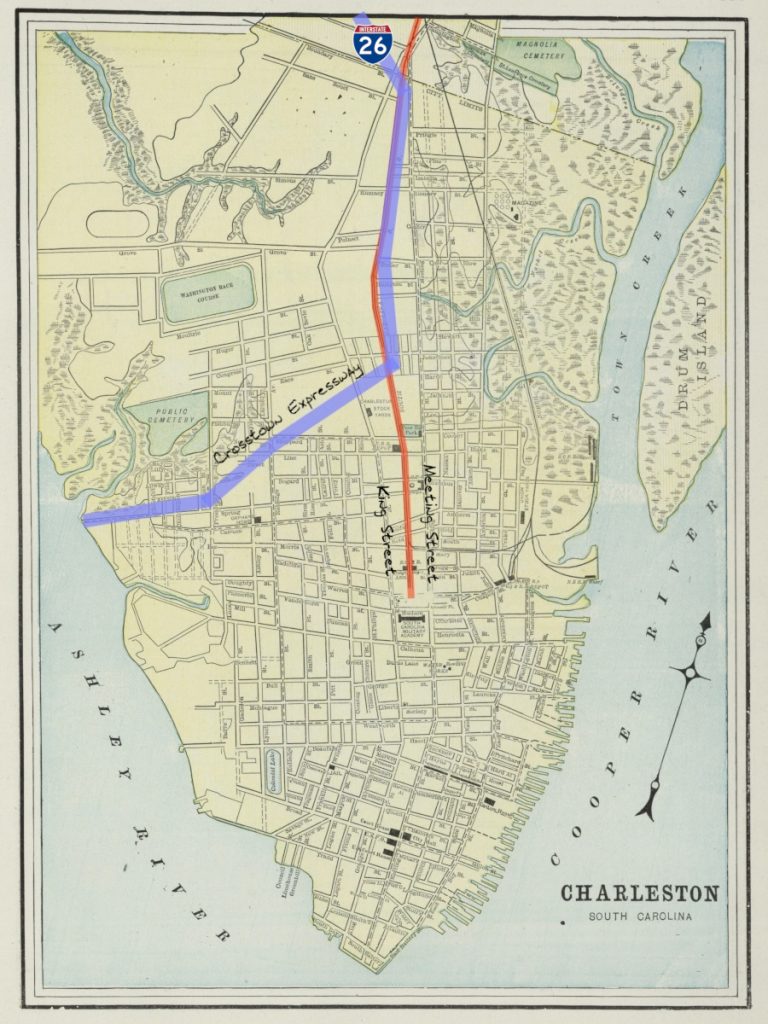 A map of Charleston from 1901 overlayed with the path of the South Carolina Railroad in red, and the path of I-26 and the Crosstown Expressway in purple