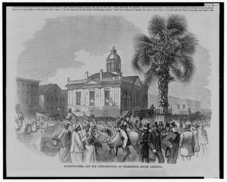A drawing of the people of Charleston around the Custom House, circa 1860