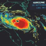 Satellite image of Hurricane Hugo making landfall at Charleston in September 1989