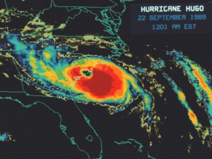Satellite image of Hurricane Hugo making landfall at Charleston in September 1989