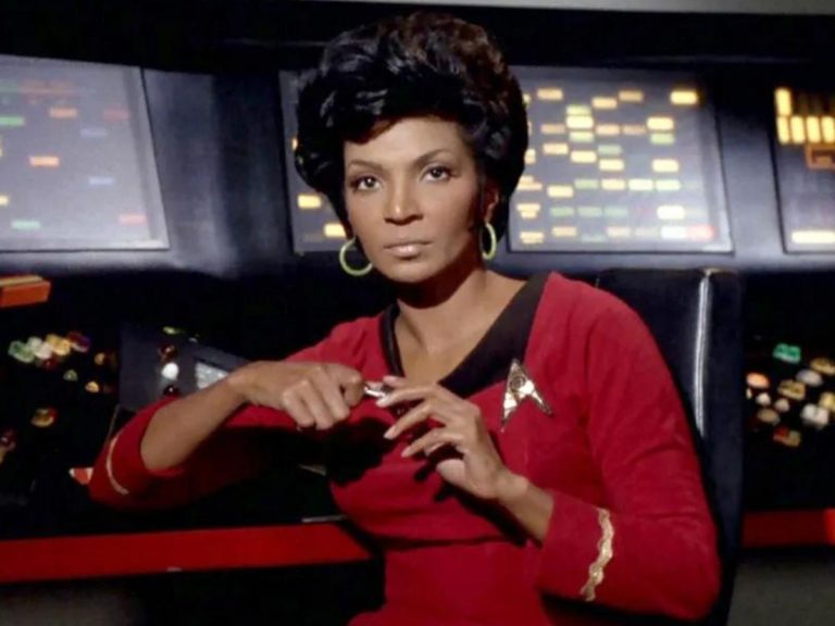 Lieutenant Uhura from Star Trek wearing a red uniform