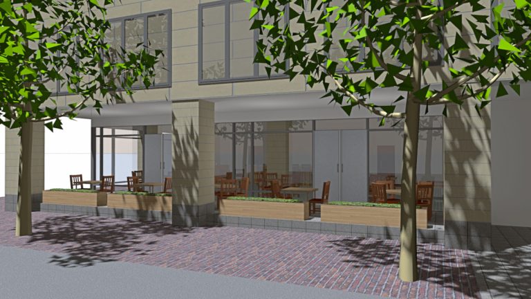 Rendering of proposed changes to the building at 151 Meeting Street to create Liberty Center, showing the view from Meeting Street lined with trees, an office building with a cafe on the sidewalk below