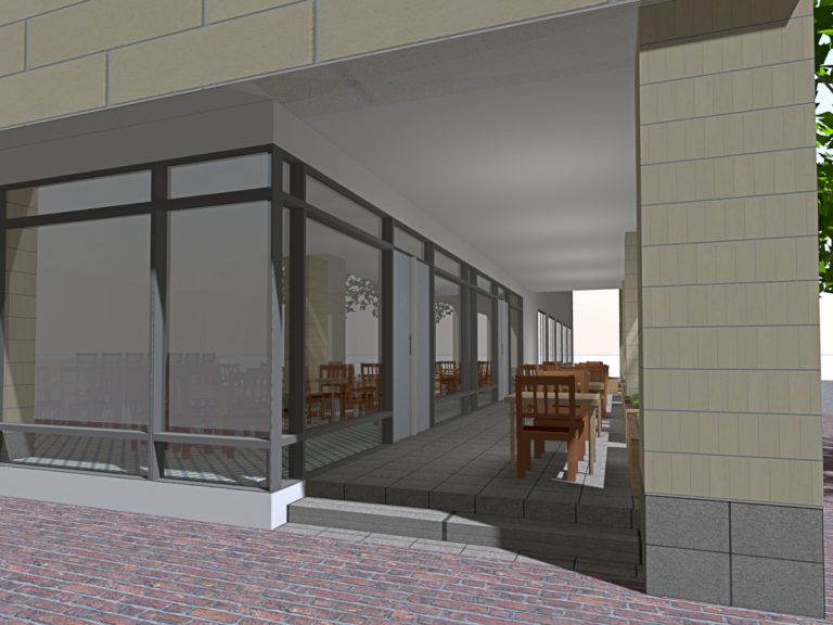 Rendering of proposed changes to the building at 151 Meeting Street to create Liberty Center, showing the view from the side of the office building with a focus on the cafe on the sidewalk below