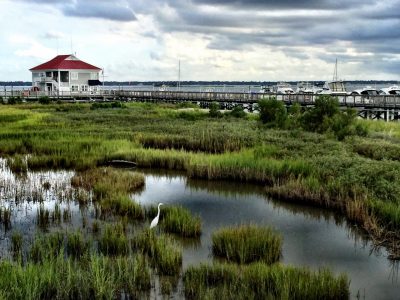 The green marshes along Charleston Harbor with still blue water between patches of green sweetgrass. There is a boardwalk connecting to an elevated small white building with a red roof.