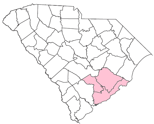 A county map of South Carolina with Charleston County, Berkeley County, and Dorchester County highlighted in red