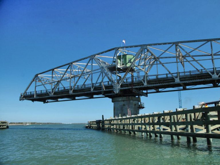 The Ben Sawyer Bridge connecting Mount Pleasant to Sullivan's Island. The bridge is partially rotated on its axis.