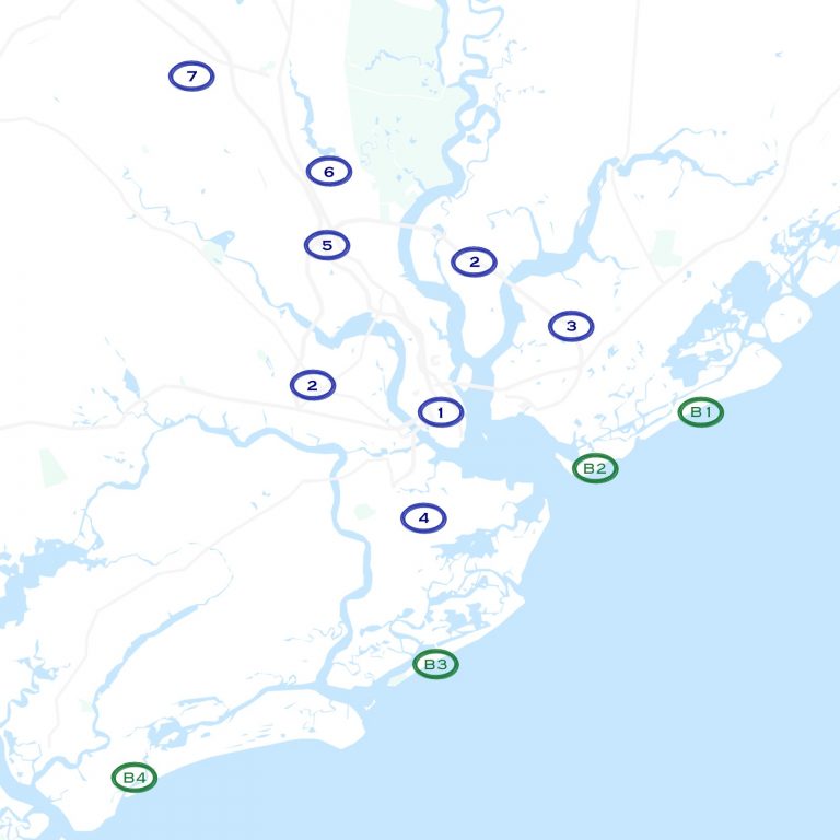 A map of the greater area of Charleston, SC indicating the various zones of different short term rental regulations