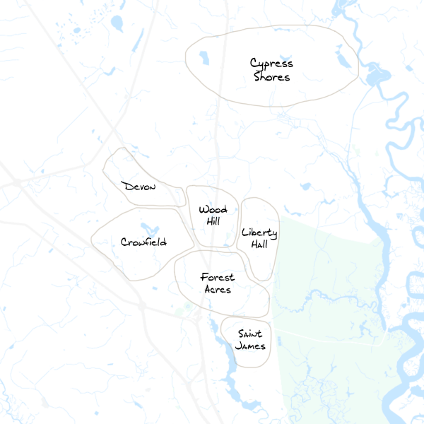 A white-on-blue map of Goose Creek with areas marked indicating residential areas, which are clickable.