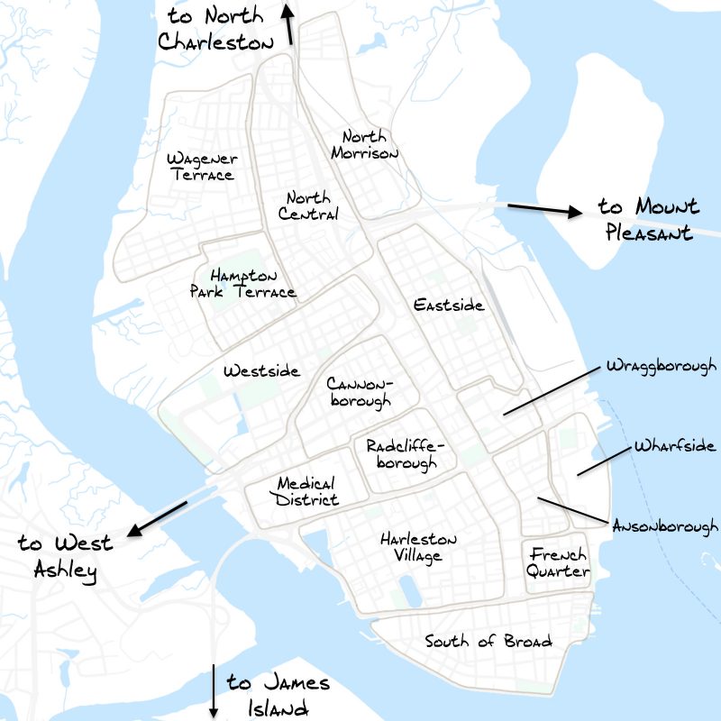 A white-on-blue map of Historic Charleston with outlines indicating residential areas, which are clickable.